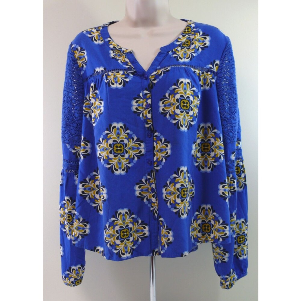 Crown & Ivy Blue Crochet Peasant Boho long Bell Sleeve Top shirt blouse sz PXL